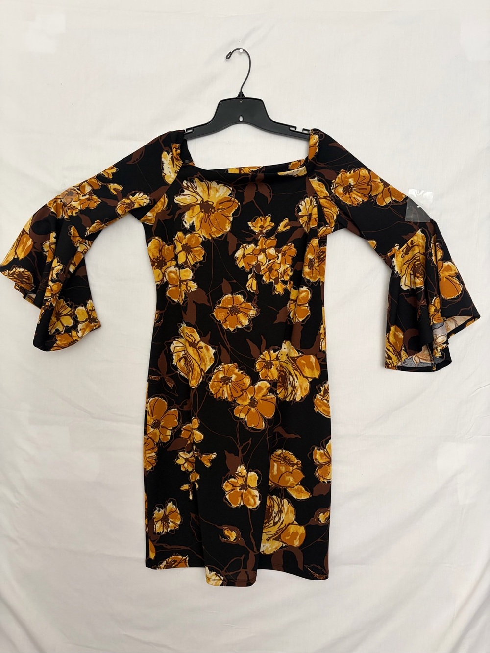 Olivia Matthews Women Black Floral Bell Sleeve Off Shoulder Knee Dress Sz L(A853